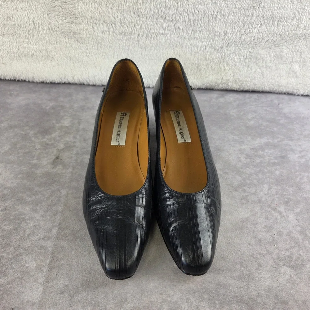 Etienne Aigner Messina Black Leather Pumps Low Heel Almond Toe Shoes 8.5N